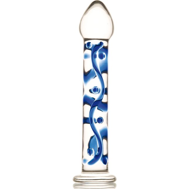 Стеклянный фаллос на подставке с голубым узором - 18 см - Sexus Glass