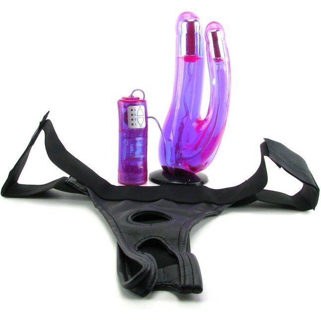 Фиолетовый двойной страпон с вибрацией Double Penetrator Vibe Strap-On - 19 см - Fetish Fantasy Series. Фотография 5.