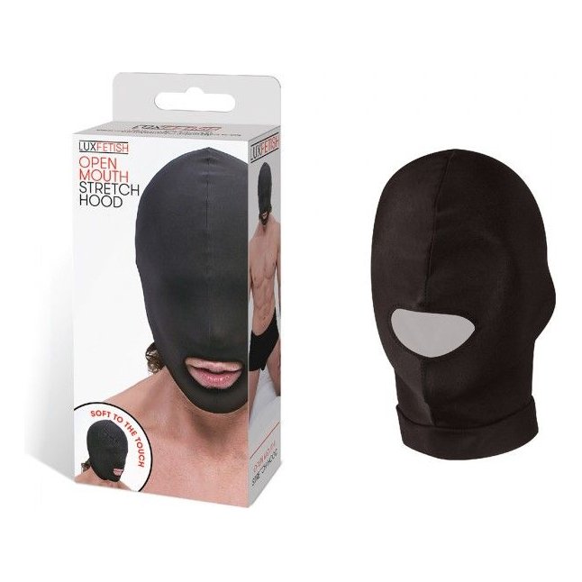 Черная эластичная маска на голову с прорезью для рта. Фотография 5.