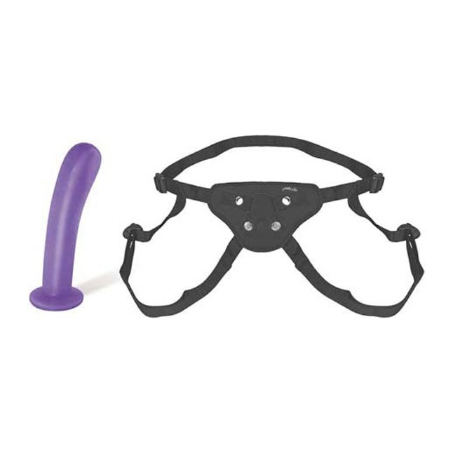 Черный силиконовый страпон с фиолетовым фаллосом, 16,5 см