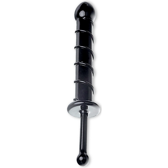 Черный стеклянный фаллос с тонкой ручкой и выпуклой спиралью - 18,5 см