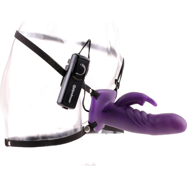 Фиолетовый полый страпон с вибрацией и клиторальным стимулятором Wonderful Wabbit Hollow Strap-on - 18 см - Fetish Fantasy Series. Фотография 5.