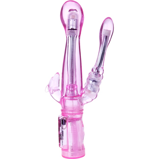 Розовый вибратор с анальным и клиторальным отростками Intimate Tease - 22 см. Фотография 2.