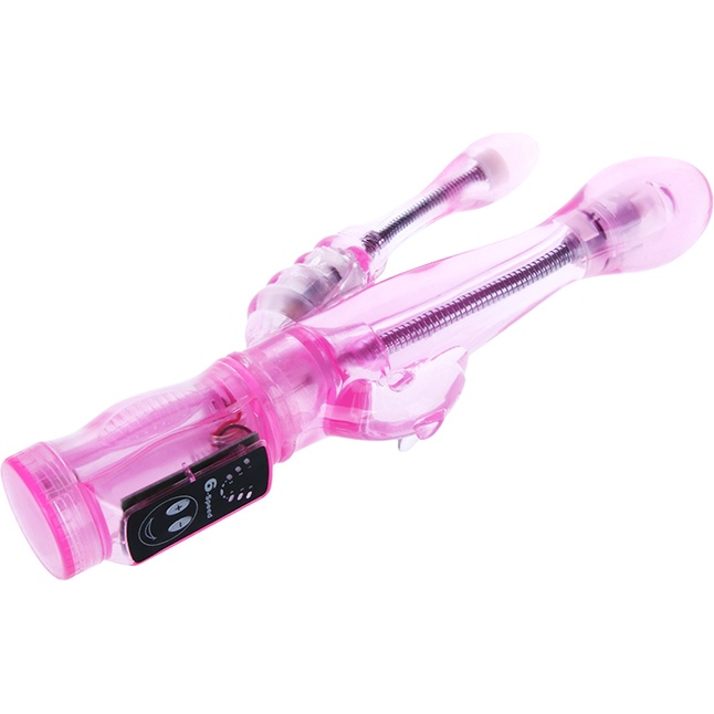 Розовый вибратор с анальным и клиторальным отростками Intimate Tease - 22 см. Фотография 3.