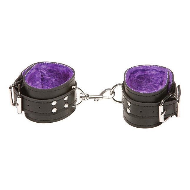 Чёрные кожаные наручники X-Play с фиолетовым мехом внутри - X-Play