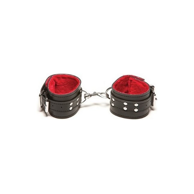 Чёрные кожаные наручники X-Play с красным мехом внутри - X-Play