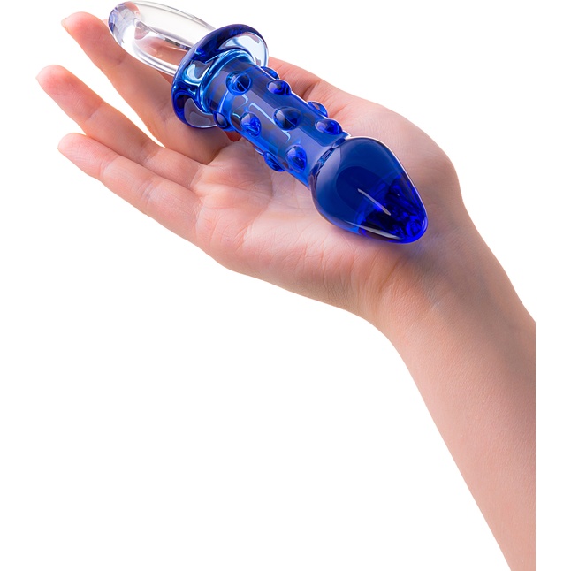 Синяя стеклянная анальная втулка с ручкой-кольцом - 16 см - Sexus Glass. Фотография 2.