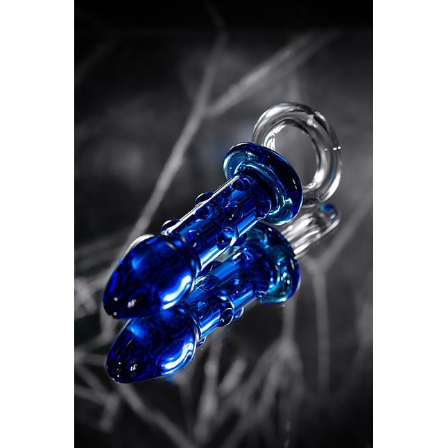 Синяя стеклянная анальная втулка с ручкой-кольцом - 16 см - Sexus Glass. Фотография 9.