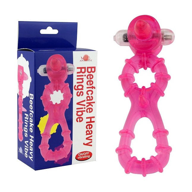 Розовое эрекционное виброкольцо с подхватом для мошонки Beefcake Heavy Rings Vibe
