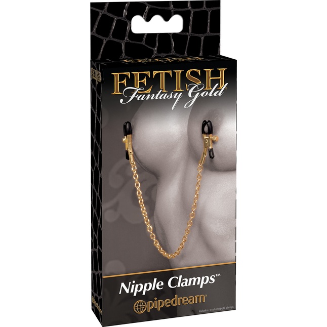 Чёрные с золотом зажимы на соски Gold Chain Nipple Clamps - Fetish Fantasy Gold. Фотография 4.