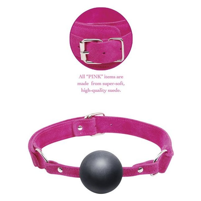 Черный кляп-шар на розовых замшевых ремешках Ball Gag - Fetish Fantasy Series. Фотография 2.
