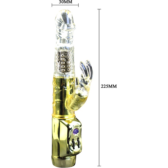 Золотистый вибратор U.S. Gold Lover с ротацией и клиторальным зайкой - 22,5 см. Фотография 4.
