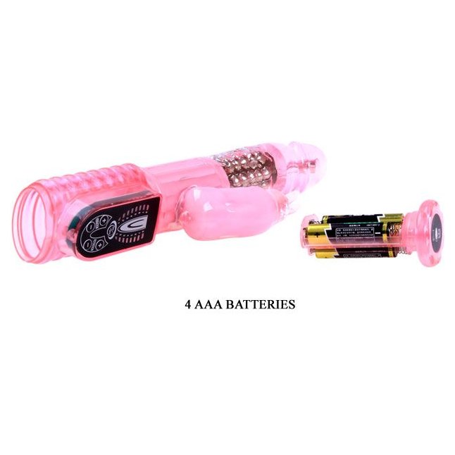 Розовый вибратор-ротатор с клиторальным зайчиком - 25,5 см.. Фотография 6.