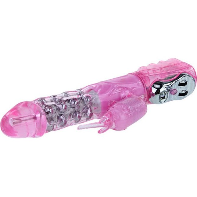 Розовый вибратор-ротатор с бусинами и клиторальным стимулятором - 26 см. Фотография 3.