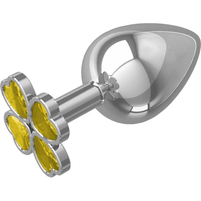 Серебристая анальная пробка-клевер с желтым кристаллом - 8,5 см - Анальные втулки с кристаллом