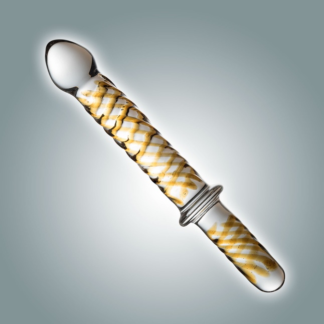 Прозрачный фаллоимитатор с ручкой и золотистым узором - 23 см