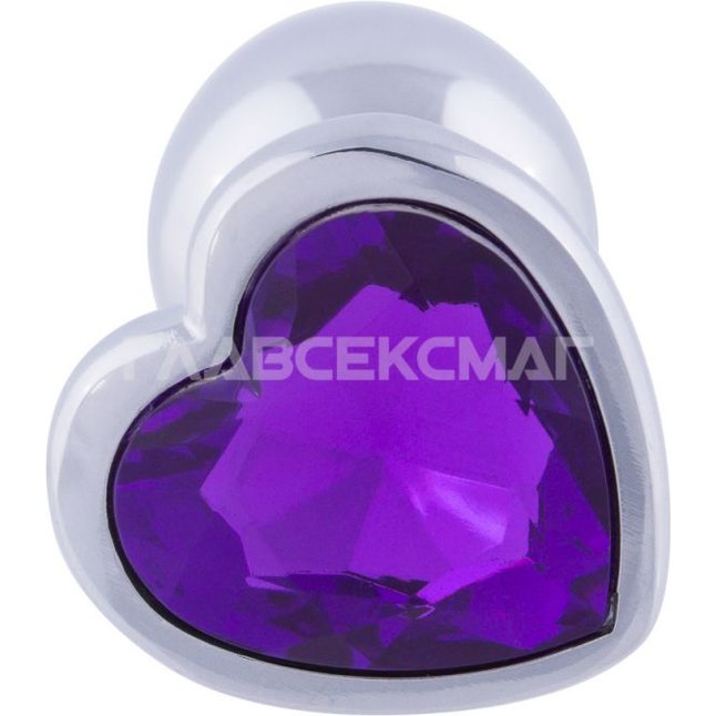 Серебристая анальная пробка с фиолетовым кристаллом-сердцем - 7 см. Фотография 2.