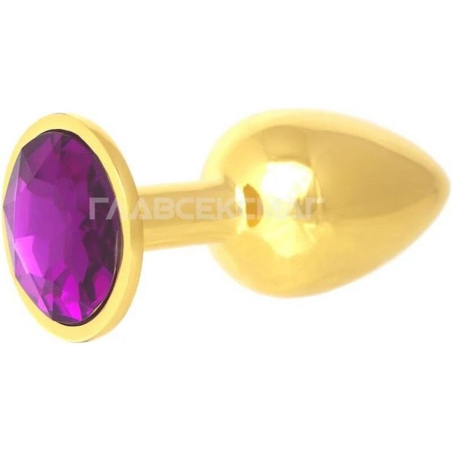 Золотистая анальная пробка с фиолетовым кристаллом - 7 см