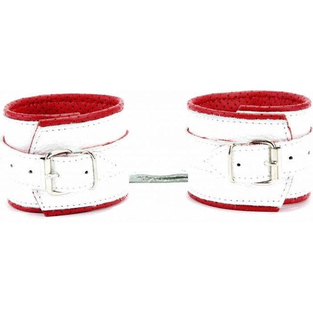 Бело-красные кожаные наручники с кольцом. Фотография 5.