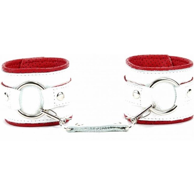 Бело-красные кожаные наручники с кольцом. Фотография 7.