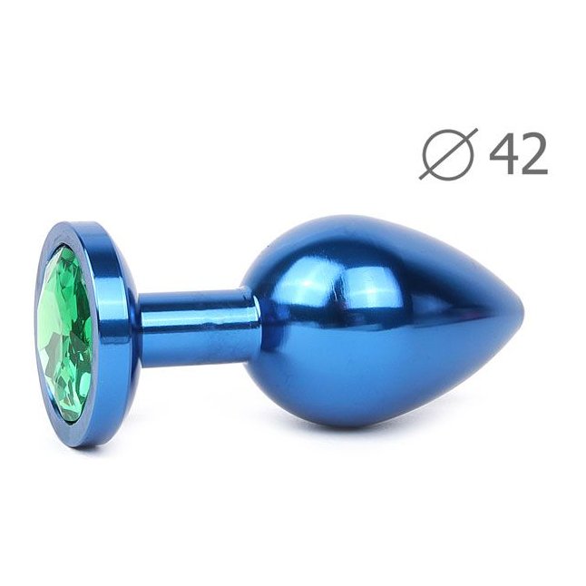 Коническая синяя анальная втулка с зеленым кристаллом - 9,3 см.