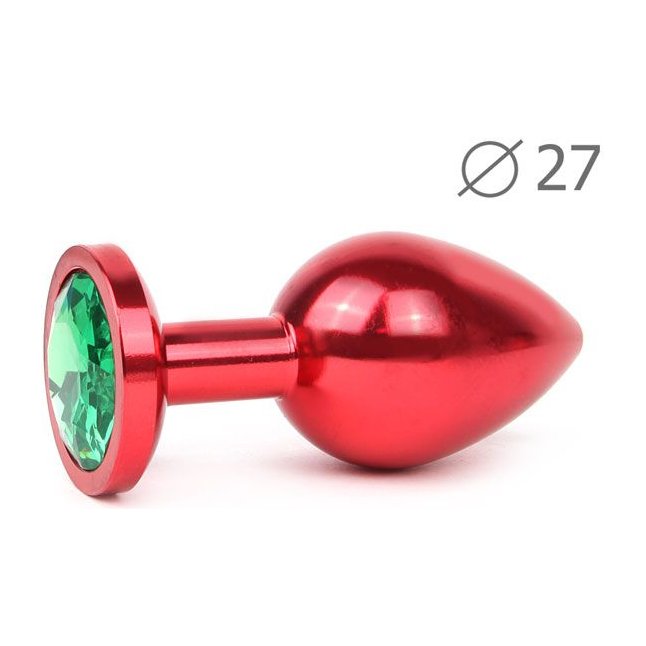 Коническая красная анальная втулка с зеленым кристаллом - 7 см.