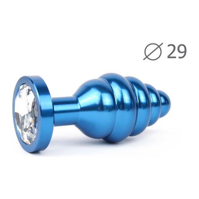 Коническая ребристая синяя анальная втулка с прозрачным кристаллом - 7,1 см.