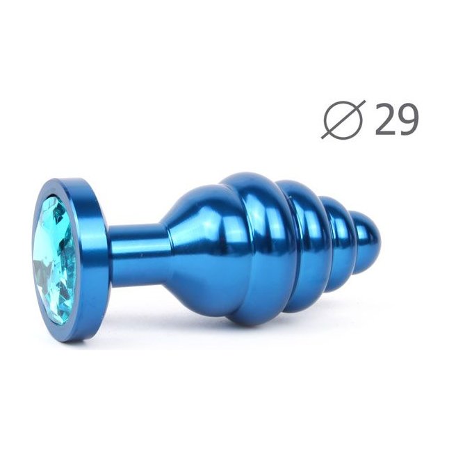 Коническая ребристая синяя анальная втулка с голубым кристаллом - 7,1 см