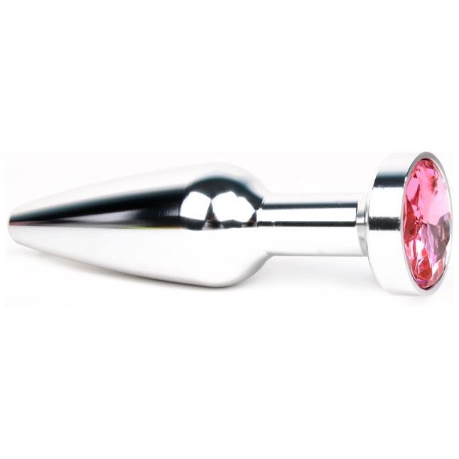 Удлиненная коническая гладкая серебристая анальная втулка с розовым кристаллом - 11,3 см
