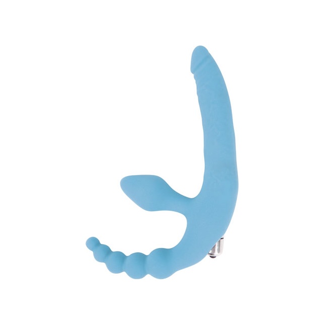 Голубой безремневой страпон с анальным отростком и вибрацией - 15 см - SWEET TOYS