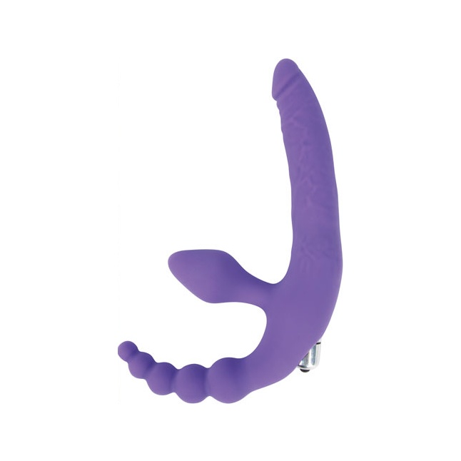 Фиолетовый безремневой страпон с анальным отростком и вибрацией - 15 см - SWEET TOYS