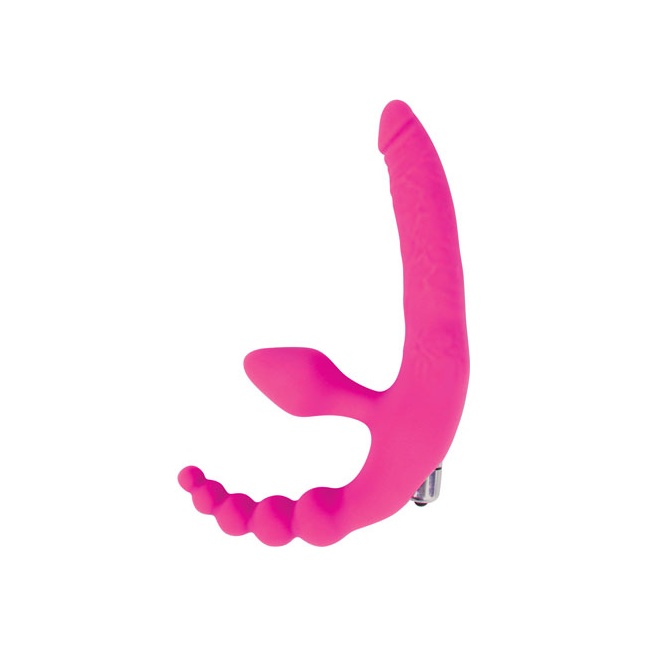 Розовый безремневой страпон с анальным отростком и вибрацией - 15 см - SWEET TOYS
