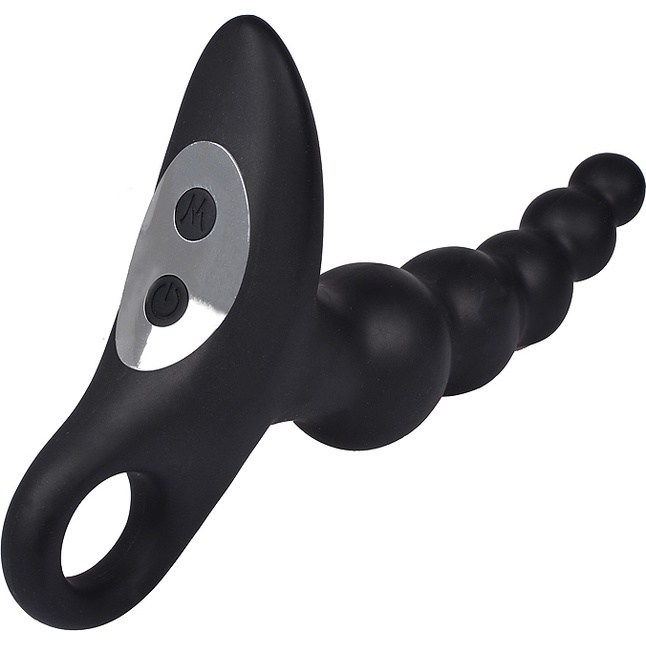 Черный силиконовый анальный вибромассажер-ёлочка с колечком-ограничителем