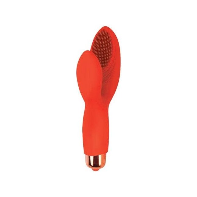 Красный силиконовый вибромассажер с округлым клиторальным отростком - SWEET TOYS