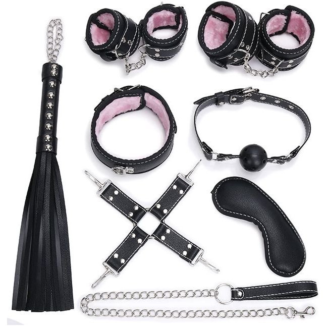 Пикантный черно-розовый набор БДСМ: маска, ошейник, кляп, фиксатор, наручники, оковы, плеть - NOTABU