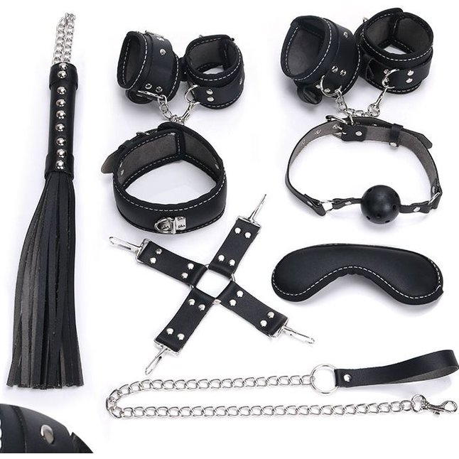 Пикантный черный набор БДСМ: маска, ошейник, кляп, фиксатор, наручники, оковы, плеть - NOTABU