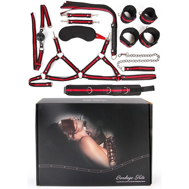 Черно-красный набор БДСМ: наручники, оковы, ошейник с поводком, кляп, маска, плеть, лиф - NOTABU. Фотография 2.