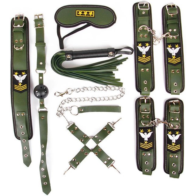 Набор в армейской тематике: наручники, оковы, ошейник с поводком, кляп, маска, плеть, фиксатор - NOTABU