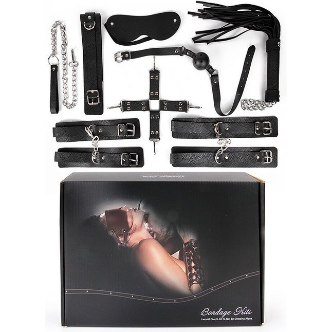 Большой черный набор БДСМ: наручники, оковы, ошейник с поводком, кляп, маска, плеть, фиксатор - NOTABU. Фотография 2.