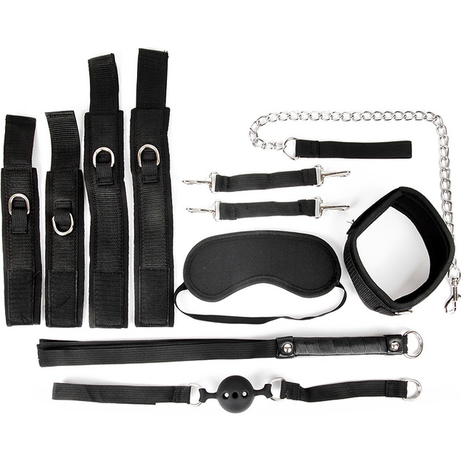 Черный текстильный набор БДСМ: наручники, оковы, ошейник с поводком, кляп, маска, плеть - NOTABU