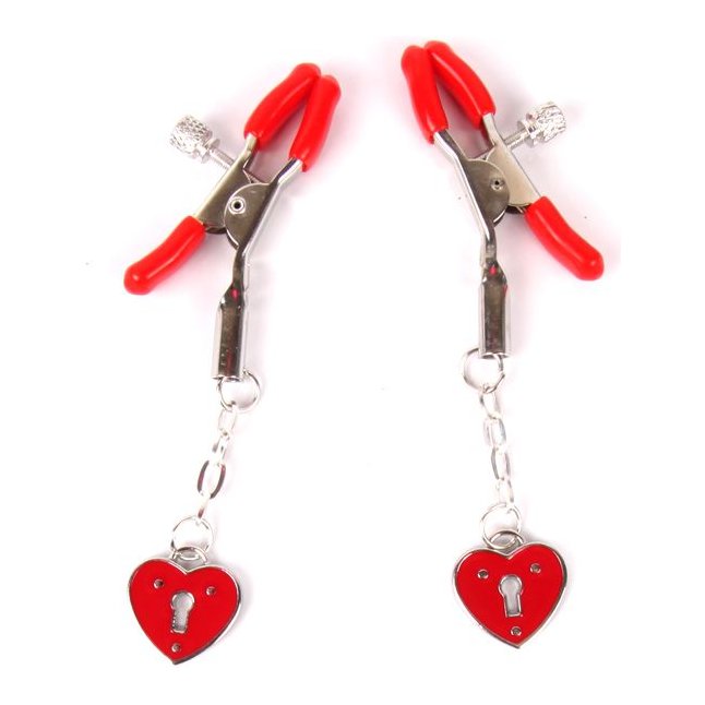 Красные металлические зажимы на соски с декором в виде сердечек на цепочке - NOTABU
