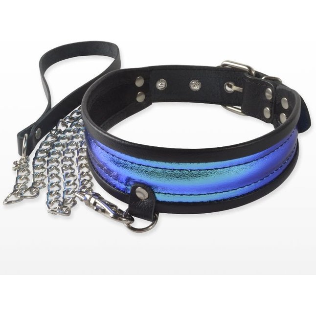 Сине-черный ошейник с поводком - BDSM accessories