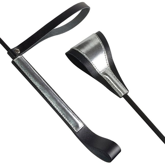 Чёрно-серебристый стек с хлопушкой из кожи - 62 см - BDSM accessories. Фотография 3.