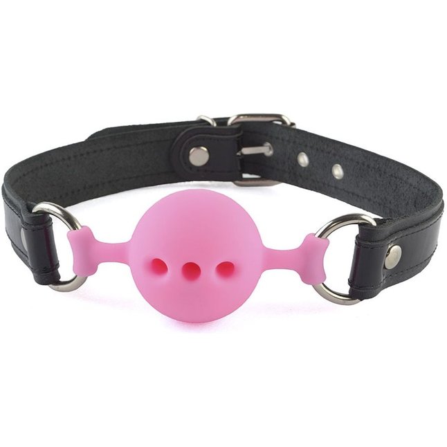 Розовый кляп-шар на черных кожаных ремешках - BDSM accessories