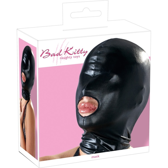 Черная эластичная маска на голову с отверстием для рта - Bad Kitty. Фотография 3.