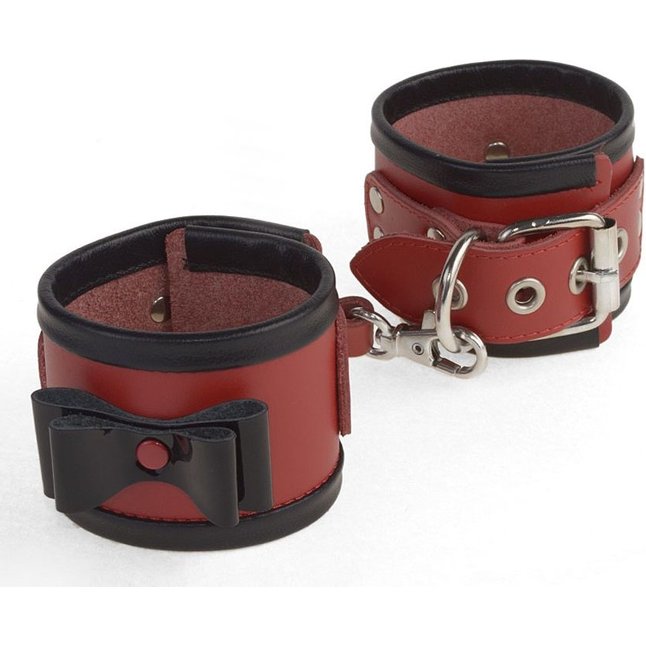 Красные наручники с черными лаковыми бантами и оторочкой - BDSM accessories