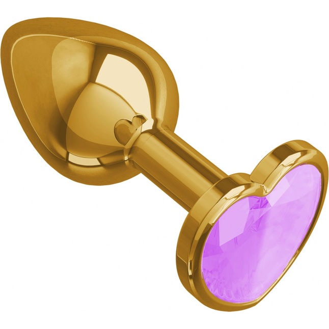 Золотистая анальная пробка с сиреневым кристаллом-сердцем - 7 см - Анальные втулки с кристаллом. Фотография 2.