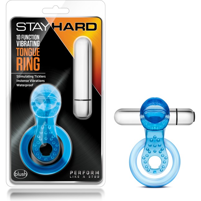 Голубое эрекционное виброкольцо 10 Function Vibrating Tongue Ring - Stay Hard. Фотография 5.