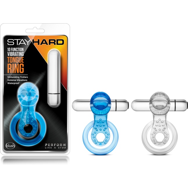 Голубое эрекционное виброкольцо 10 Function Vibrating Tongue Ring - Stay Hard. Фотография 6.