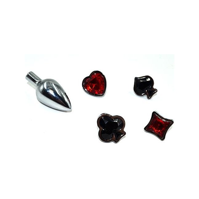 Набор из серебристой анальной пробки из нержавеющей стали и 4 кристаллов в форме мастей - 7,6 см - Kanikule anal plugs